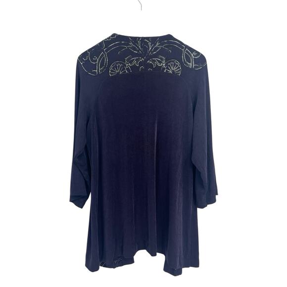 Chicos Travelers Floral Trim Navy Blue Open Front Cardigan Large (2) - Picture 2 of 3